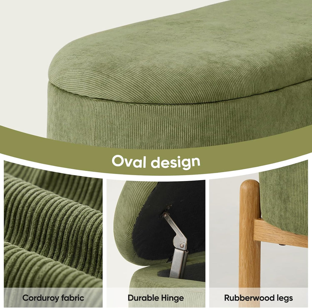 Storage Bench Ottoman With Hidden Storage And Corduroy Fabric, Green | Oval U...