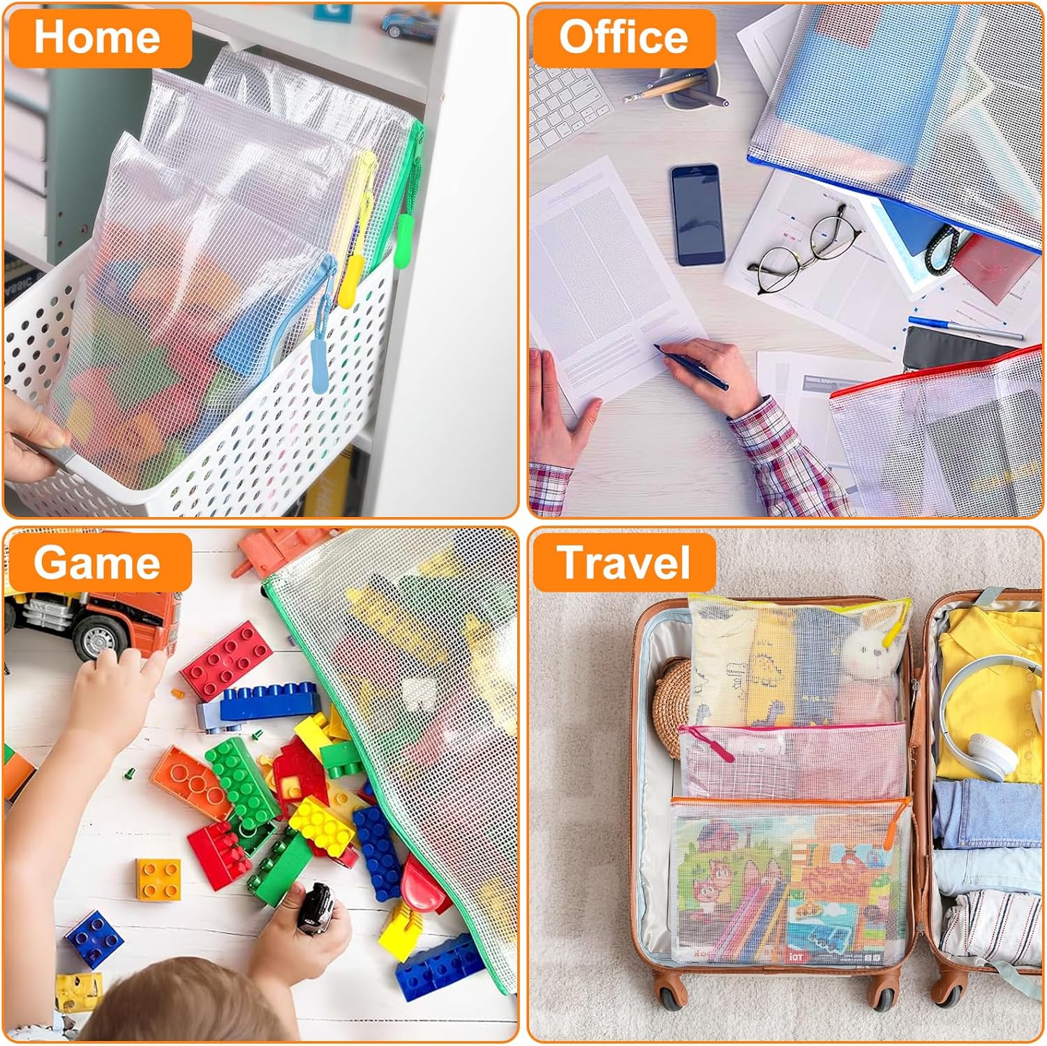 24 Pack 8 Color A4 Mesh zipper pouch bags, Storage Bags, File Bags for Classroom Organization, Zipper Pouches of office supplies, Puzzles, Board Game Storage