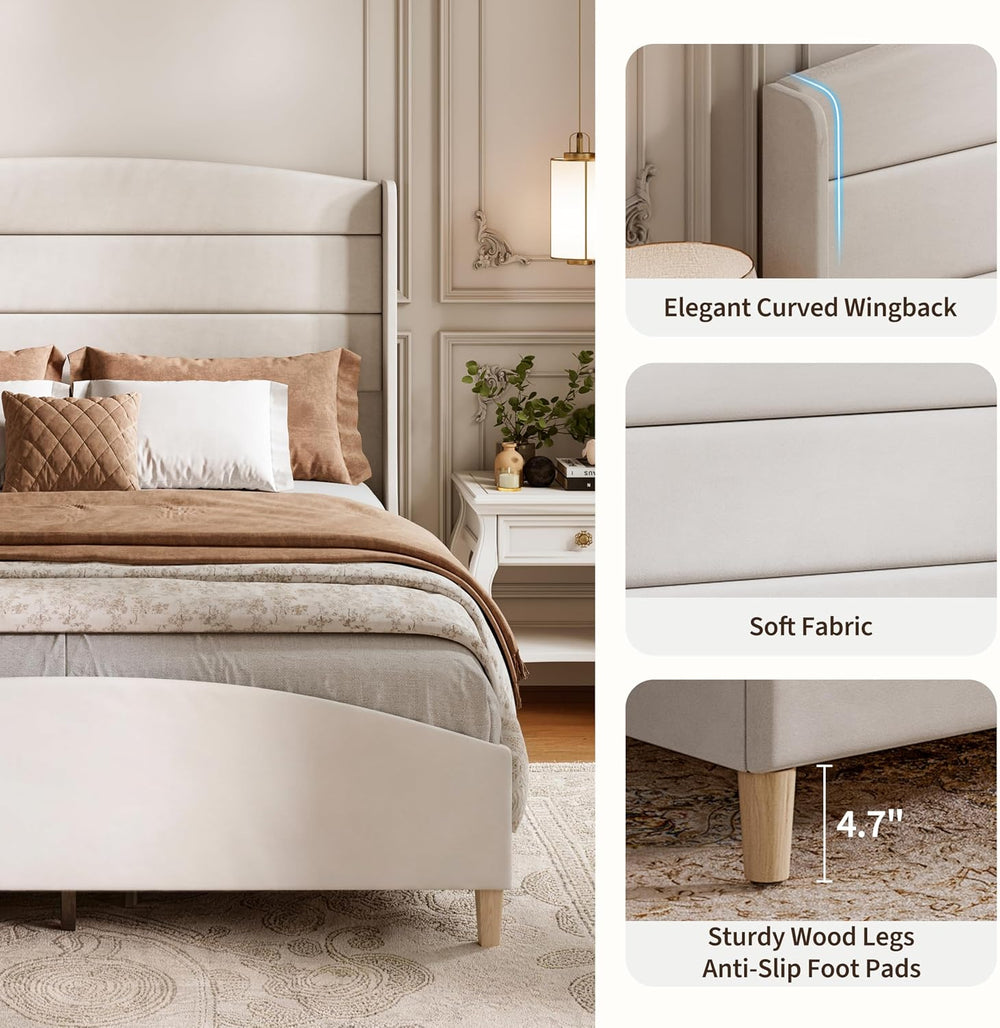Queen Size Bed Frame,Upholstered Platform Bed,Wingback Headboard
