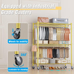 Homdox Gold Heavy Duty Clothes Rack with Wheels, 3-Tier Rolling Metal Garment Organizer with Double Hanging Rods & Hooks, Freestanding Portable Closet, 17.72" D x 47.24" W x 80.71" H