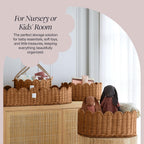 BEBE BASK Premium Scalloped Basket Set of 2 (16x10x7 In) - Storage Baskets | Handwoven Rattan, Scallop Basket, Wicker Basket With Scalloped Edge, Nursery Storage, Set of 2, Mocca
