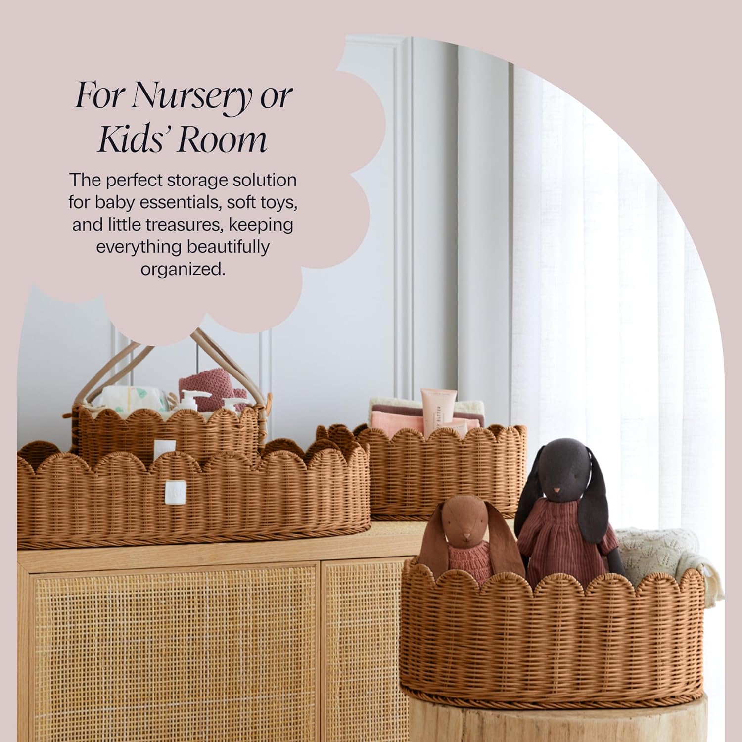 BEBE BASK Premium Scalloped Basket Set of 2 (16x10x7 In) - Storage Baskets | Handwoven Rattan, Scallop Basket, Wicker Basket With Scalloped Edge, Nursery Storage, Set of 2, Mocca