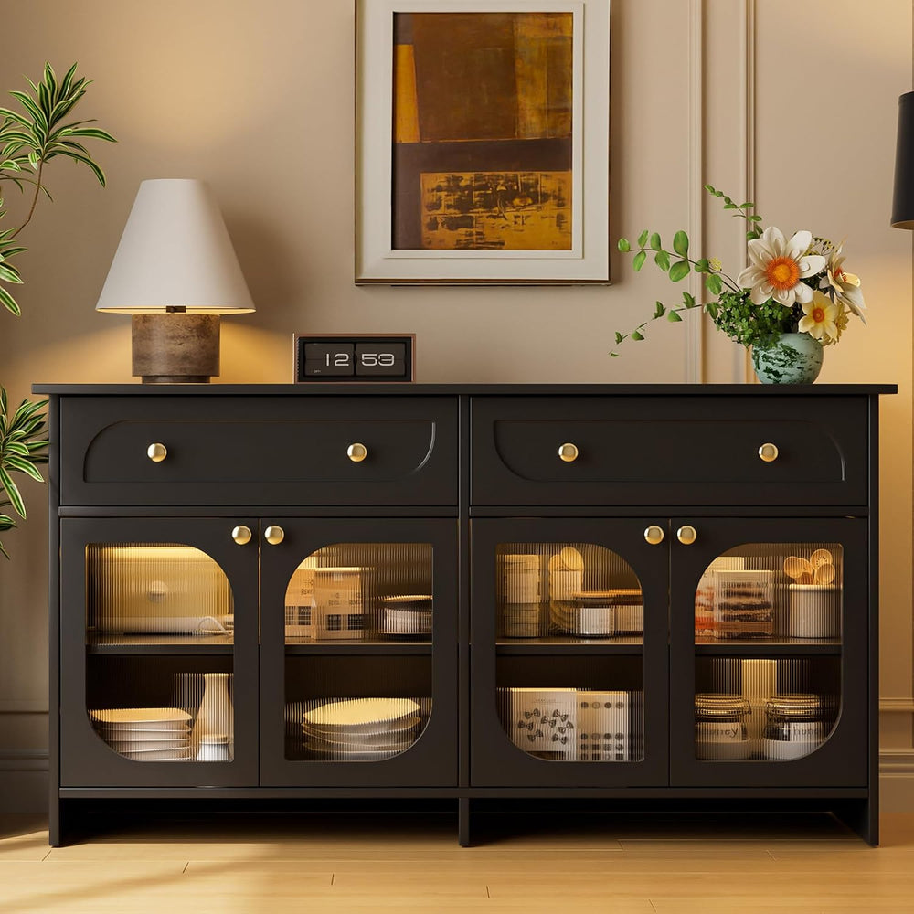Buffet Cabinet with Storage and LED Light, 55” Sideboard Buffet Cabinet with ...