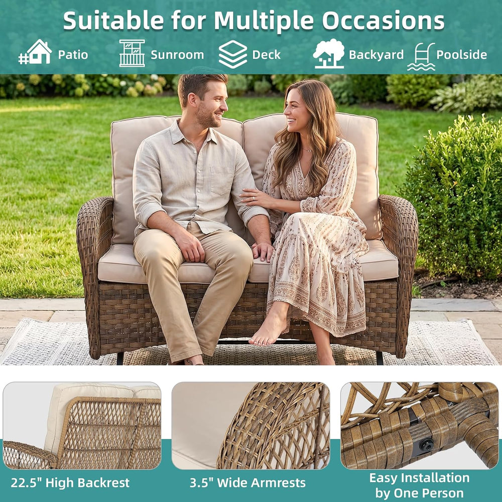 MEETWARM Outdoor Wicker Patio Glider Set, Loveseat for 2 Person Porch Furnitu...