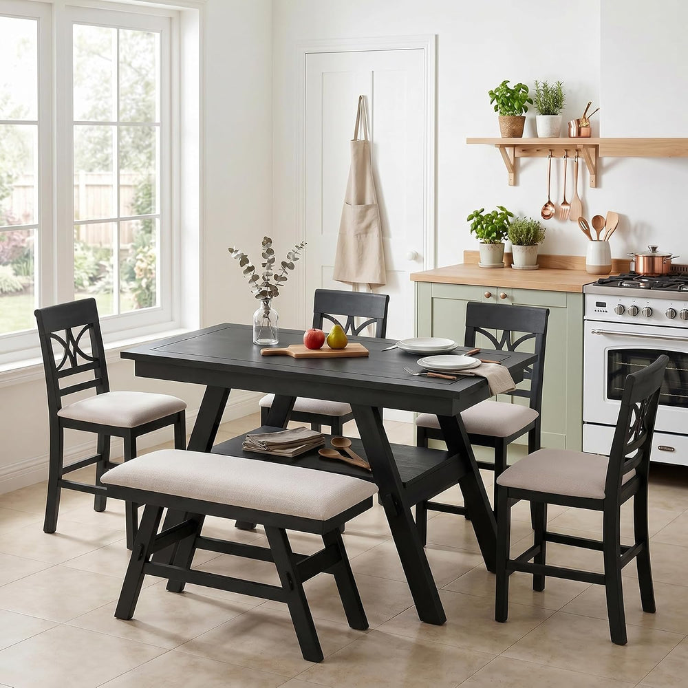 Merax 6-Piece Wood Counter Height Dining Table Set with Storage Shelf, Rustic...