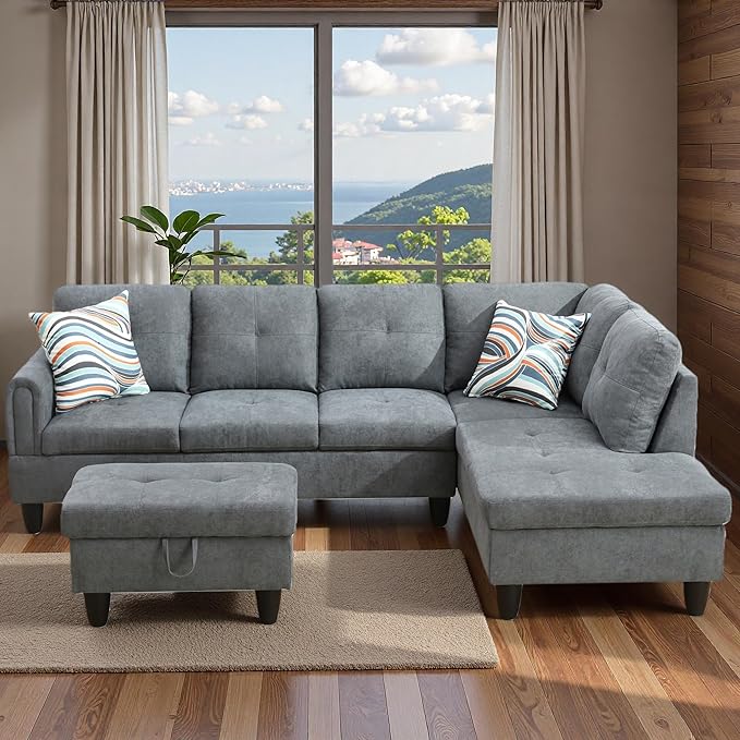 Sectional Couches for Living Room with Movable Chaise & Storage Ottoman - 97.5" Velvet L Shaped Couches for Living Room Apartment, 4 Seat Home Furniture Modular Sectional Sofas, Grey