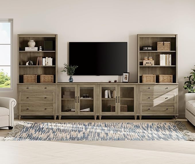 WAMPAT Entertainment Center with Bookshelves for TVs up to 75", Farmhous...