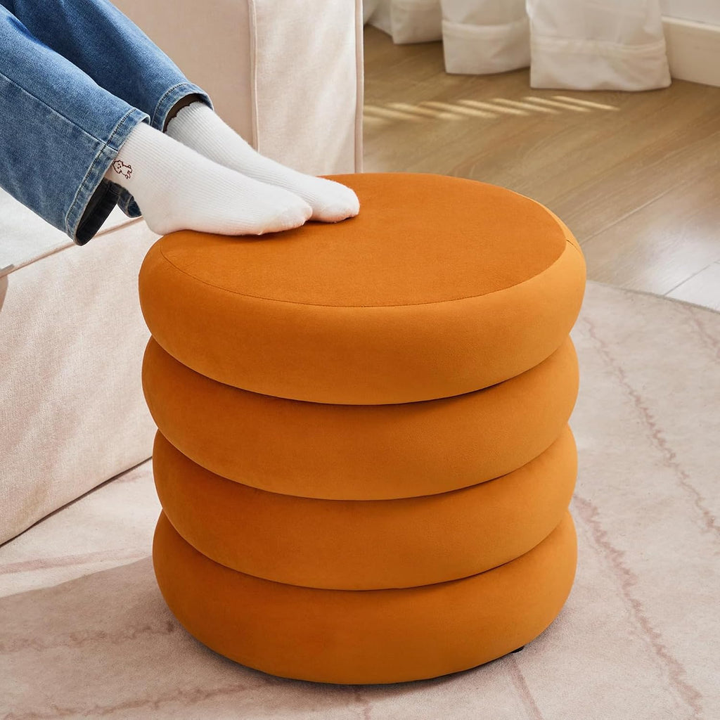 ONEVOG Round Storage Ottoman, 20" Small Ottomans Table with Removable Lid, Velvet Fabric Soft Footrest Stool for Couch, Upholstered Stuffed Circle Seat for Living Room/Bedroom/Dorm/Vanity, Orange