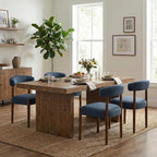 VKNOW Wooden Dining Chairs Set of 6, Modern Upholstered Dining Room Chairs with Walnut Wood Legs and Curved Backrest, Fabric Kitchen Chairs for Farmhouse/Living Room/Dining Room, Blue