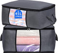 2 Pack Clothes Organizer Storage Bags with Zipper, 45L Foldable Blanket Storage Box with Clear Window Sturdy Handles for Closet, Dorm, Pillows, Bedding, Sweater, Clothing, Gray