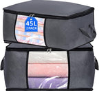 2 Pack Clothes Organizer Storage Bags with Zipper, 45L Foldable Blanket Storage Box with Clear Window Sturdy Handles for Closet, Dorm, Pillows, Bedding, Sweater, Clothing, Gray