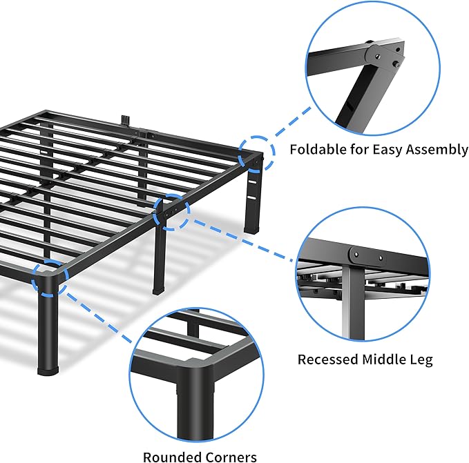 18 Inch California King Bed Frame, 3500Lbs Heavy Duty Metal Platform with Round Corner Legs Mattress Slide Stopper, Steel Slat Support No Box Spring Needed, Noise Free, Non-Slip, Easy Assembly