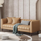 IDEALHOUSE 83" W Faux Leather Sofa Couch for Living Room, Modern 3 Seater Sofa Couch with Deep Seats, 2 Throw Pillows and Wood Legs, for Small Space, Bedroom, Apartment, Home Office, Brown
