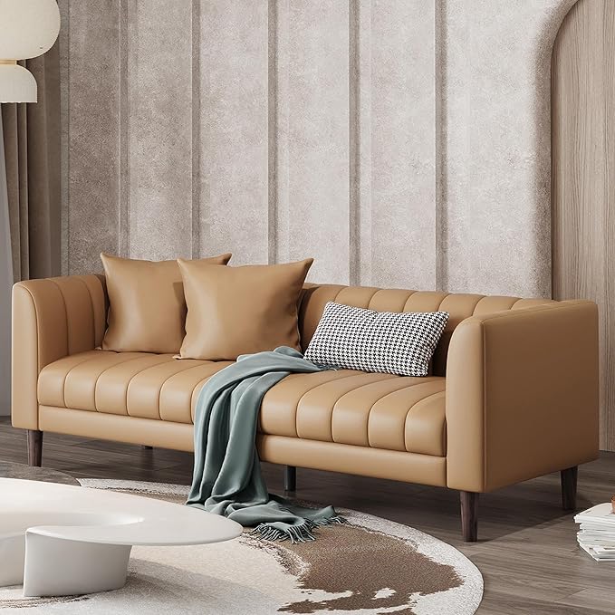 IDEALHOUSE 83" W Faux Leather Sofa Couch for Living Room, Modern 3 Seater Sofa Couch with Deep Seats, 2 Throw Pillows and Wood Legs, for Small Space, Bedroom, Apartment, Home Office, Brown