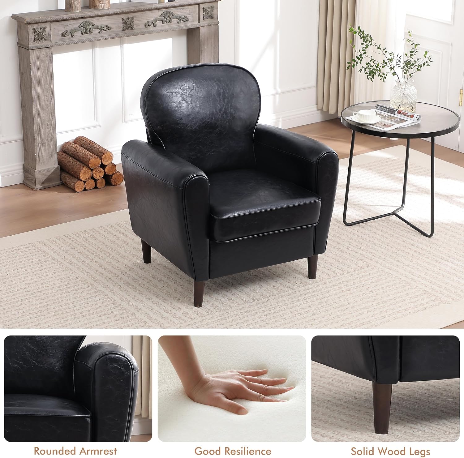 Accent Chair, Faux Leather Mid Century Modern Arm Chairs with Thick Cushion and Back, Comfy Upholstered Reading Chair Single Sofa Chair for Living Room, Bedroom, Club, PU Black