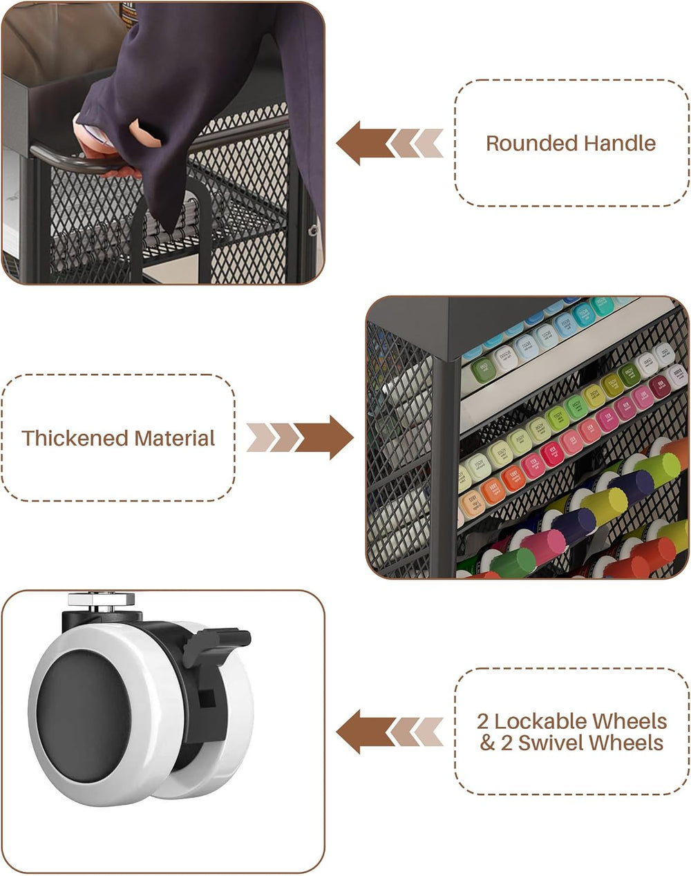 Rolling Utility Art Cart with Paint Storage & Brush Organizer,Black | Met...