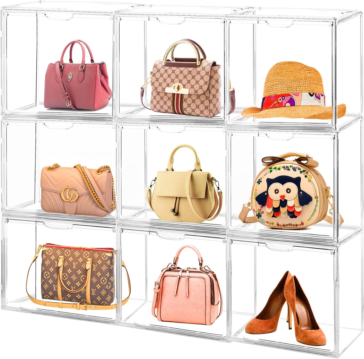 8Pack Purse Organizer for Closet Clear Acrylic Display Case Handbag Storage Organizer Box with Magnetic Door Stackable Storage Bins with Dustproof Lid for Book Toys Shoes Cosmetic Collectibles