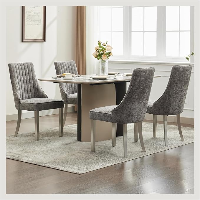 Dining Chairs Set of 6，Modern Channel Tufted Upholstered Dining Chairs with Silver Stainless Steel Legs, Comfortable Chenille Fabric Kitchen Chairs for Dining Room (Grey, 6pc)
