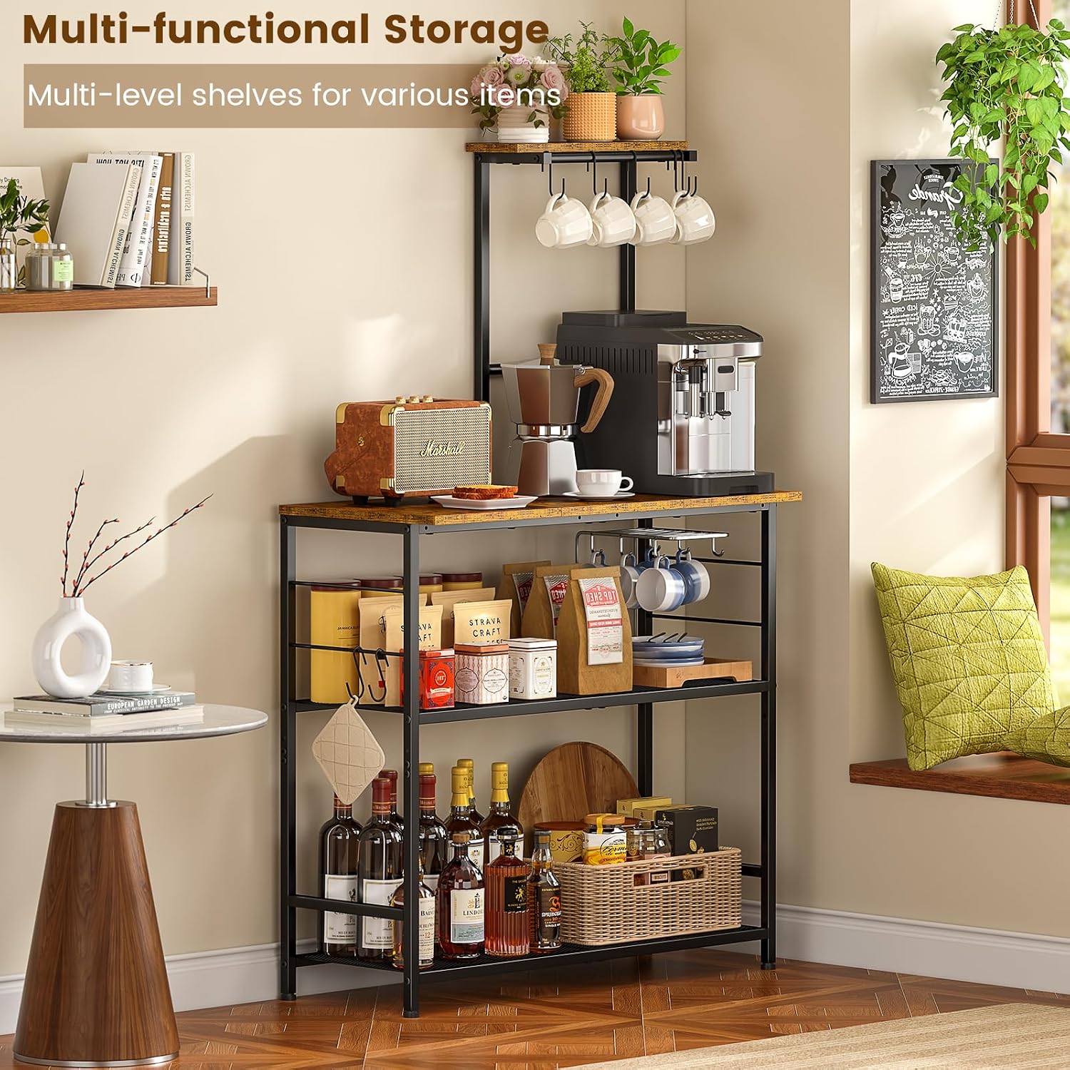 3IngSeagulls Bakers Rack with Storage, Kitchen Microwave Stand with Adjustable shelf and 6 S Hooks, 4-Tier Coffee Station Table, Kitchen Shelves for Spices, Pots, Rustic Brown