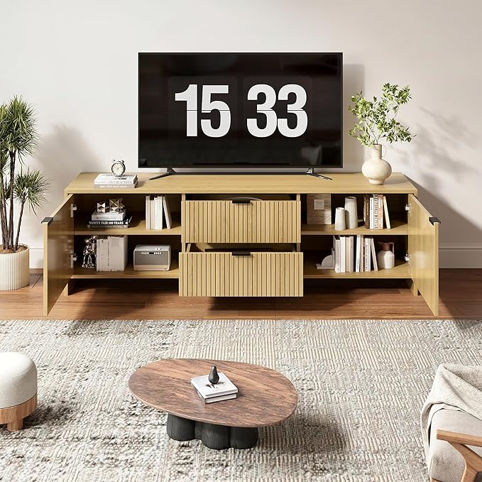 Fluted TV Stand for TVs up to 70",Modern TV Console with 2 Drawers,Wood Entertainment Center with Storage Cabinets & Adjustable Shelves for Living Room,Natural Oak