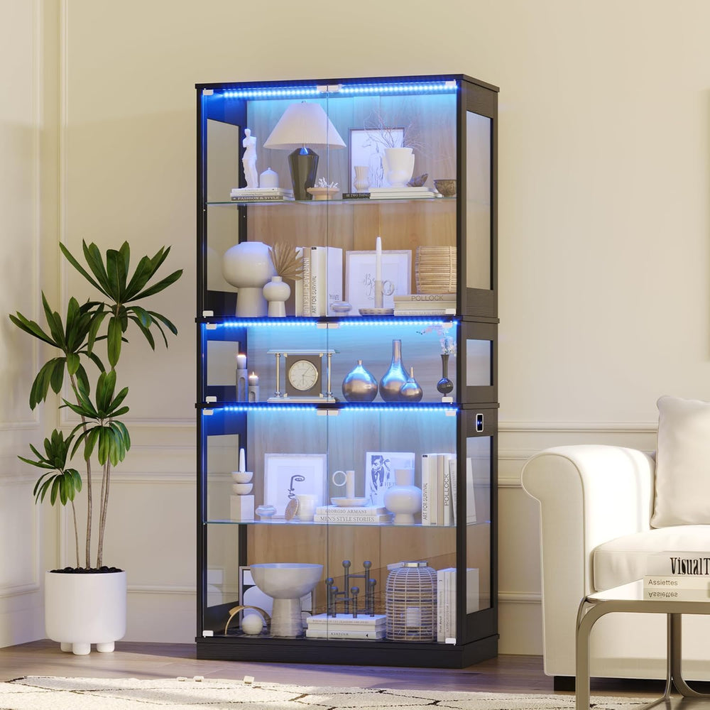 Display Cabinet with Glass Doors & LED Lights, 5 Tier Lighted Display Cas...