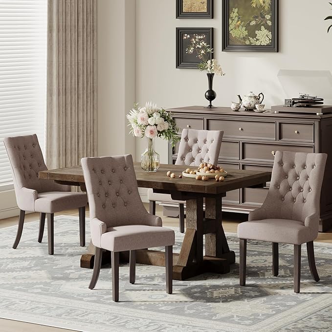 COLAMY Wingback Upholstered Side Dining Room Chairs Set of 4, Fabric Dining Chairs with Tufted Button, Living Room Chairs for Home Kitchen, Taupe