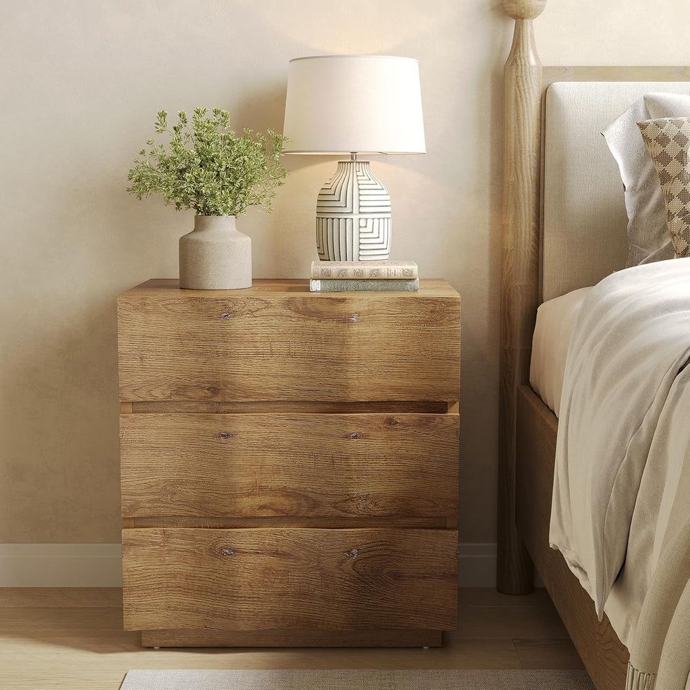 LITTLE TREE End Table with 3 Drawers, Fluted Nightstand, Farmhouse Bedside Ta...