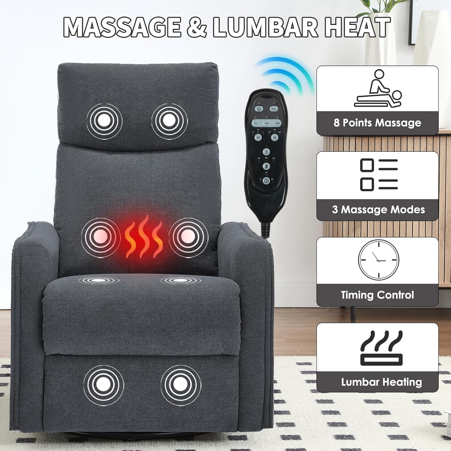 Trustyue Swivel Rocker Recliner Chair, 360° Swivel Recliner with Heat and Massage, Rocker Recliner Nursery Glider Chair with Side Pockets for Living Room (Grey, Fabric)