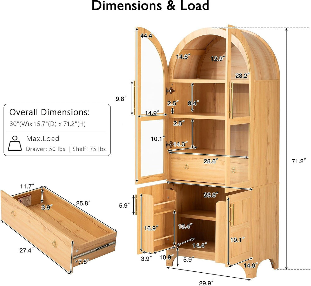 71" Tall Arched Kitchen Pantry Cabinet, Farmhouse Freestanding Storage C...