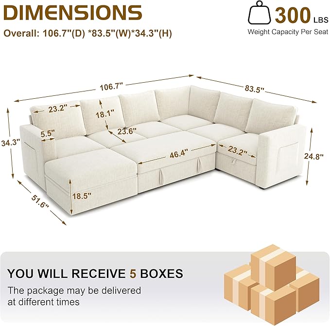 106.7" Sectional Sleeper Sofa with Pull Out Couch, Modern 7 Seat U Shaped Modular Couch, Sectionals Modular Sofa with Storage, Comfy Sectional Couches for Living Room & Apartment, Light Beige