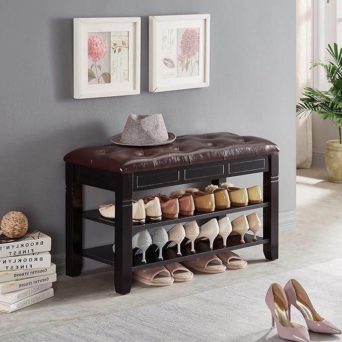 Shoe Storage Bench, Entryway Shoe Rack with Fiberleather Seat 2-Tier Lift Top...