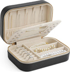 Genuine Leather Travel Jewelry Organizer Case with Mirror for Women, Small Mini Portable Jewelry Box for Ring Earrings Necklace Bracelet Luxury Gift for Women（Black）