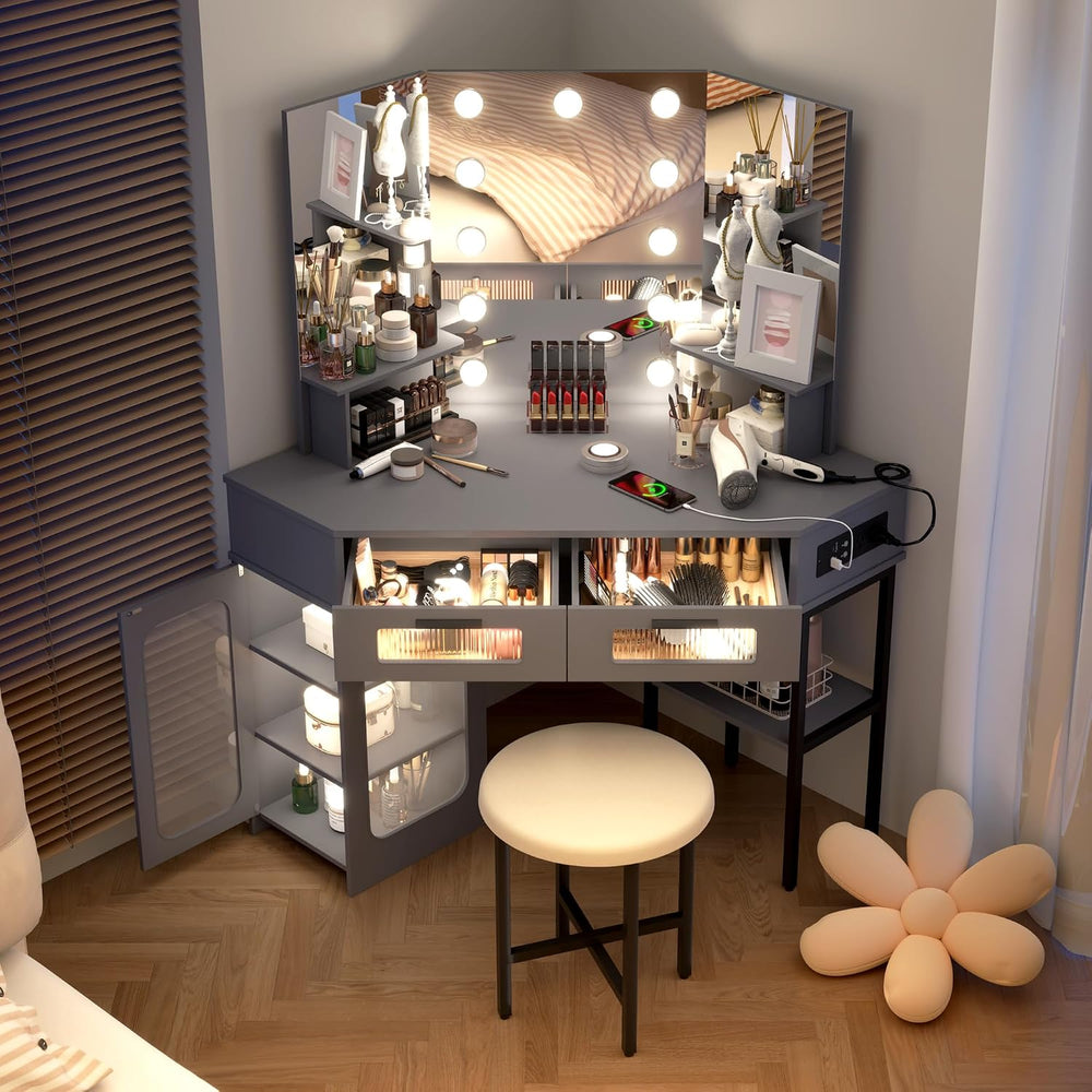 Lareth 45.5" Large Corner Vanity Desk with 3 Way Mirror and Lights | Mod...
