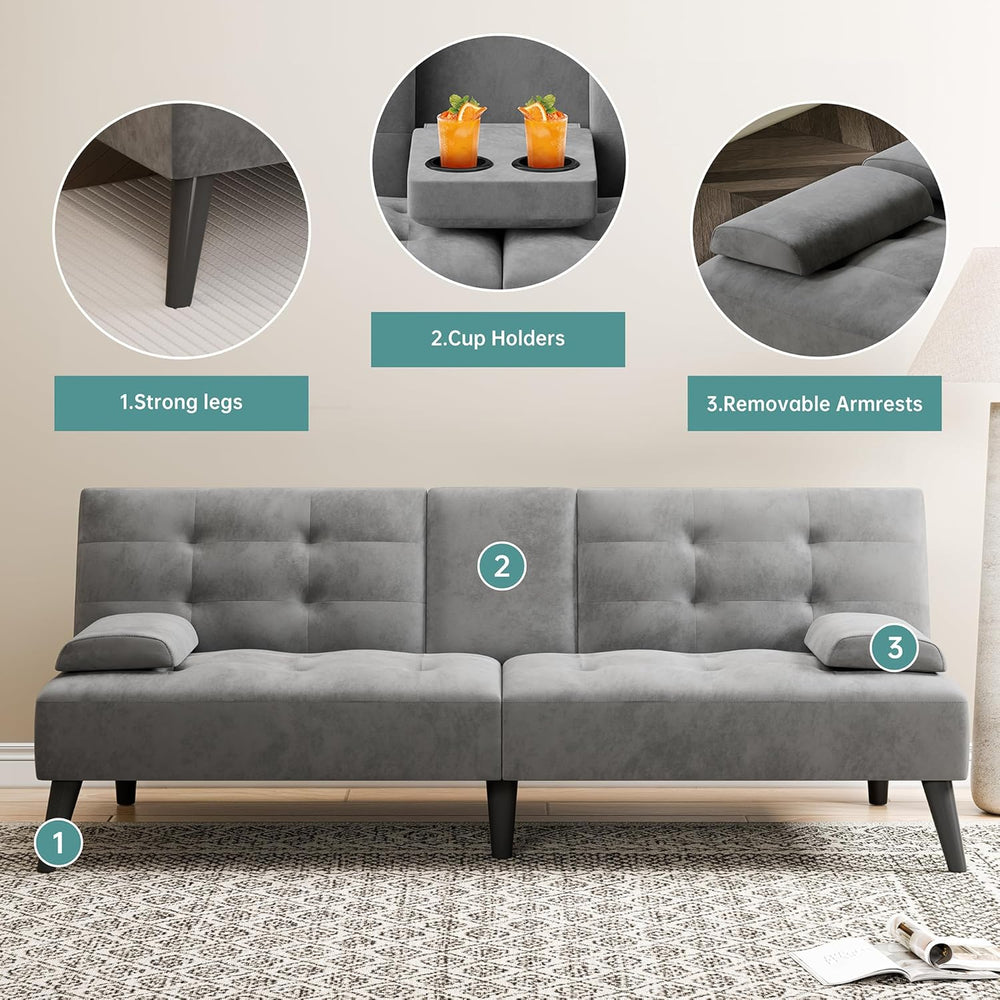 64" Futon Sofa Bed, Convertible Loveseat with 2 Cup Holders, Small Couch...