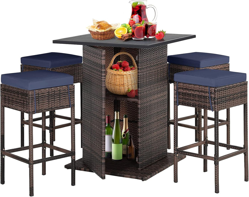 HAPPYGRILL 5 Piece Rattan Bar Set Outdoor Wicker Bar Table and 4 Bar Stools w...