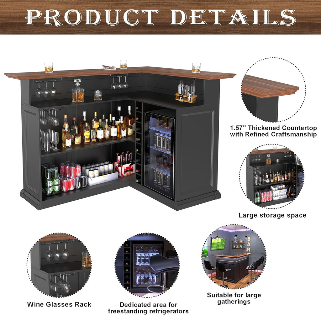 GDLF L-Shaped Home Bar Cabinet with Fridge Space, Oversized Basement Bar | Basement & Man Cave Bar, Seats 5+ Guests, Premium Wood-Grain Finish, Sculpted Edge Details, Fridge Space & Wine Storage
