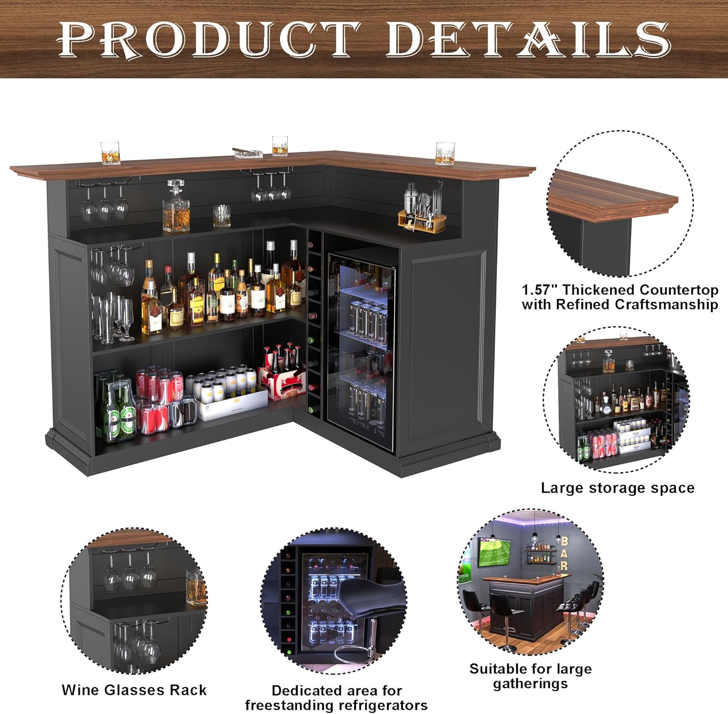 GDLF L-Shaped Home Bar Cabinet with Fridge Space, Oversized Basement Bar | Basement & Man Cave Bar, Seats 5+ Guests, Premium Wood-Grain Finish, Sculpted Edge Details, Fridge Space & Wine Storage