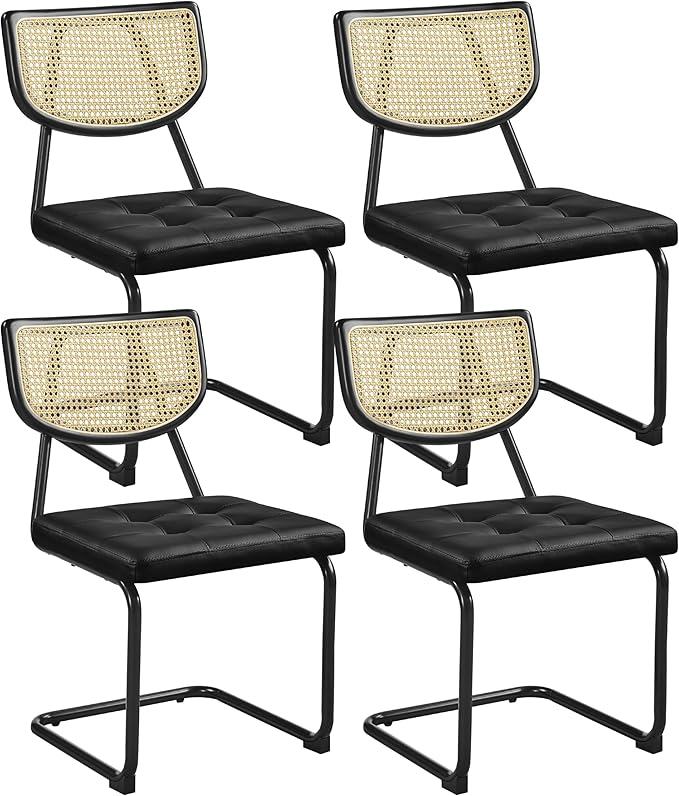 Yaheetech Rattan Dining Chairs Set of 4 Mid Century Modern Dining Room Chairs with Chrome Legs and Rattan Back for Home Kitchen, Faux Leather, Black