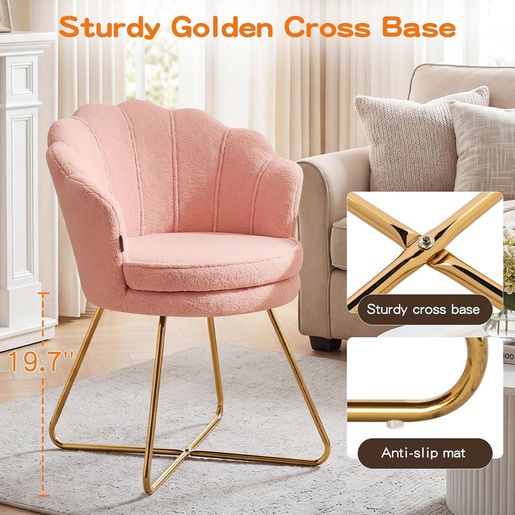 Furniliving Vanity Chair with Back, Upholstered Accent Chair for Living Room, Makeup Chair for Bedroom Sherpa ArmChairs Home Office Desk Chair with Gold Metal Legs (Pink)