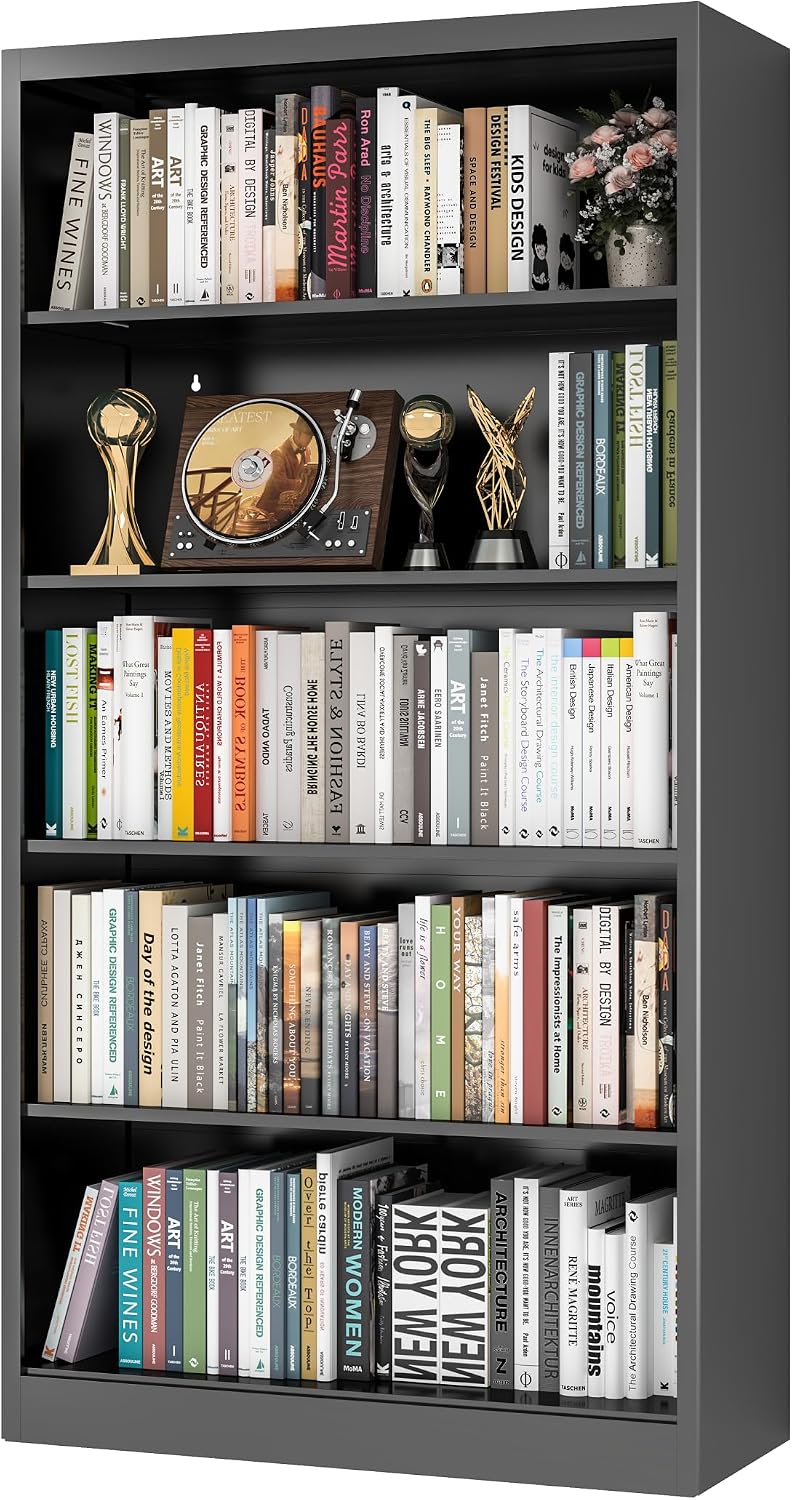VASAAOSD 66" Tall Metal Bookcase, 5 Shelf Black Bookcase with Adjustable...