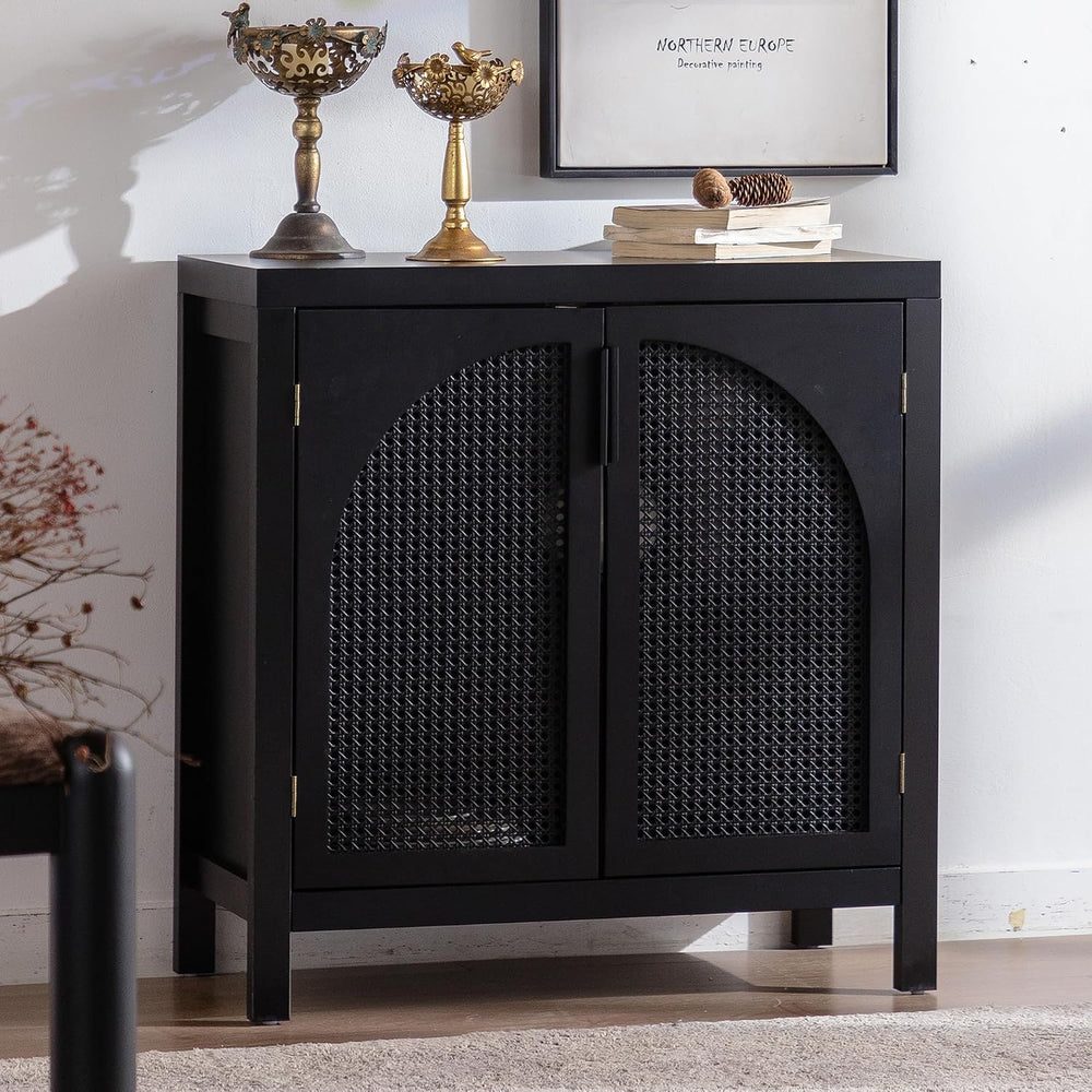 Black 28.94“W Buffet Cabinet with Storage, Accent Sideboard with Rattan Doors...