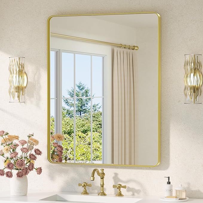 TETOTE Gold Mirror Bathroom 28 x 36 Brushed Gold Metal Framed Vanity Mirror, ...