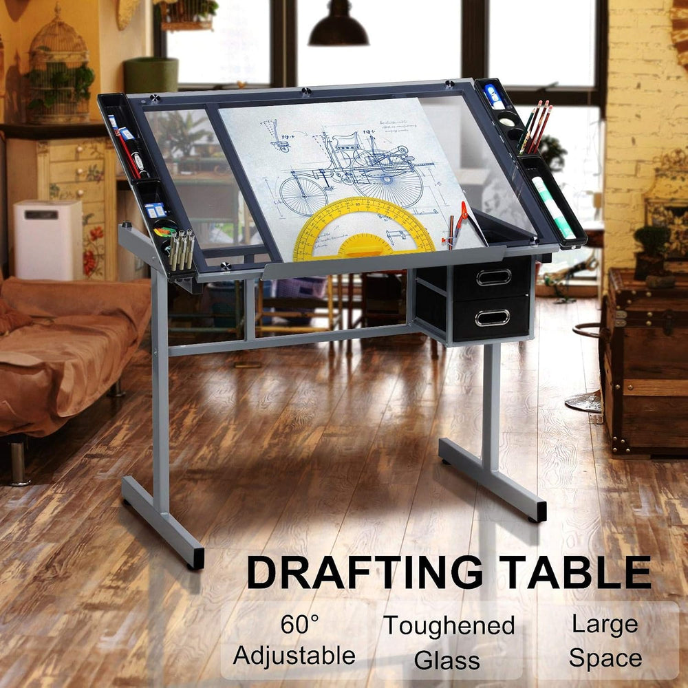 Topeakmart Glass Drafting Table Rolling Drawing Desk Artists Art Craft Desk w...