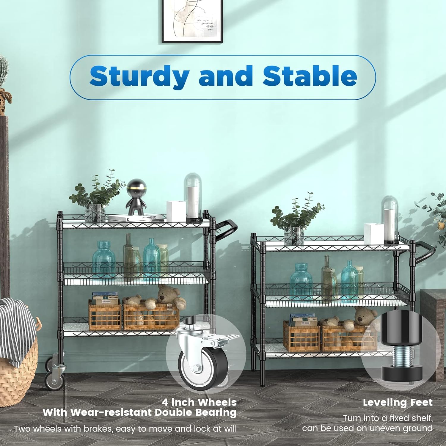 Leteuke 3 Tier Rolling Carts with Wheels, Heavy Duty Rolling Utility Cart,NSF Commercial Grade Metal Cart with Handle&Shelf Liner,Trolley Serving Cart for Kitchen,Restaurant,Plant Display,Black
