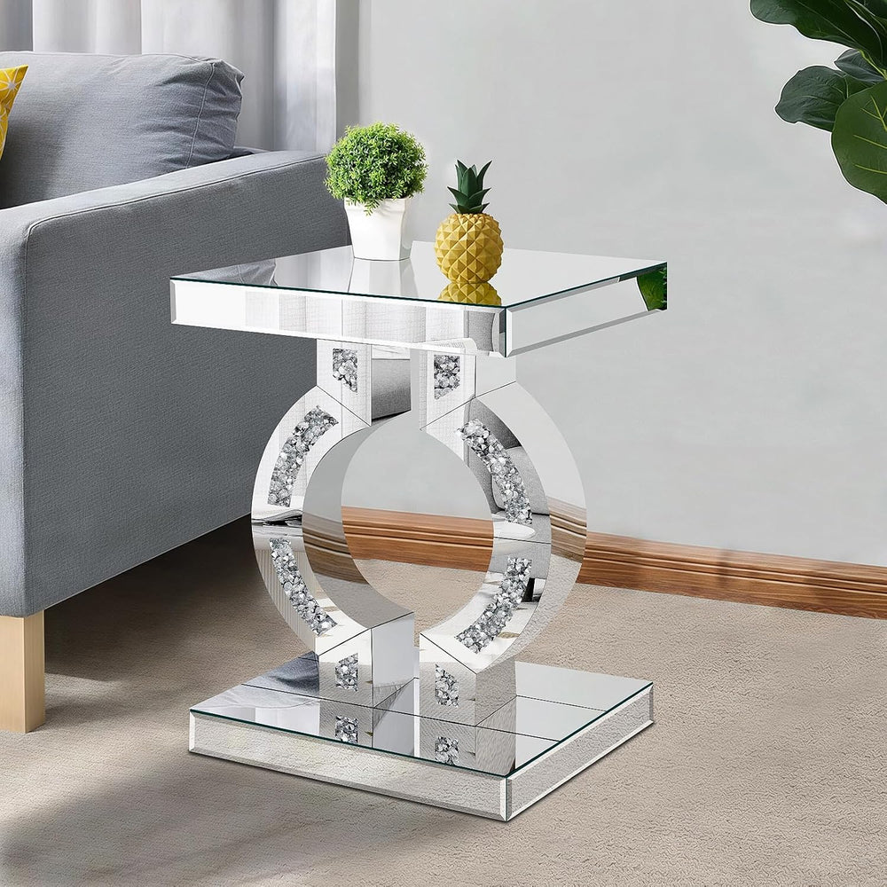 Crushed Diamond Mirrored End Table, Silver Side Accent Table, Small Mirrored ...
