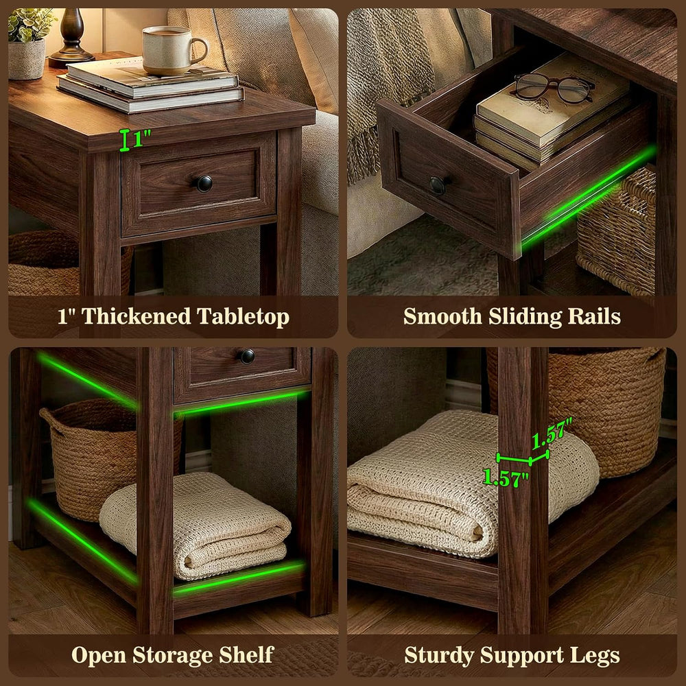 Farmhouse Narrow End Table Set of 2 with Charging Station, 13.8" Wide