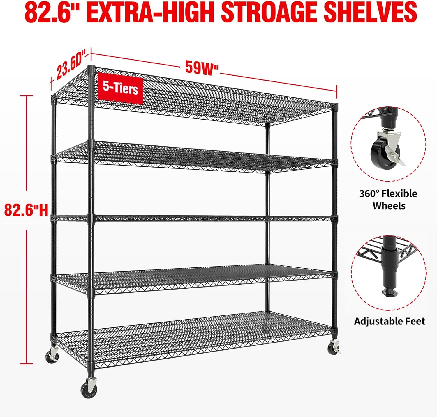 82" H Storage Shelves 3300LBS Heavy Duty Shelving Unit with Wheels & Feet, 5-Tiers Garage Shelving for Pantry Garage Kitchen Home Commercia, 82.6" H x 59" W x 23.9" D