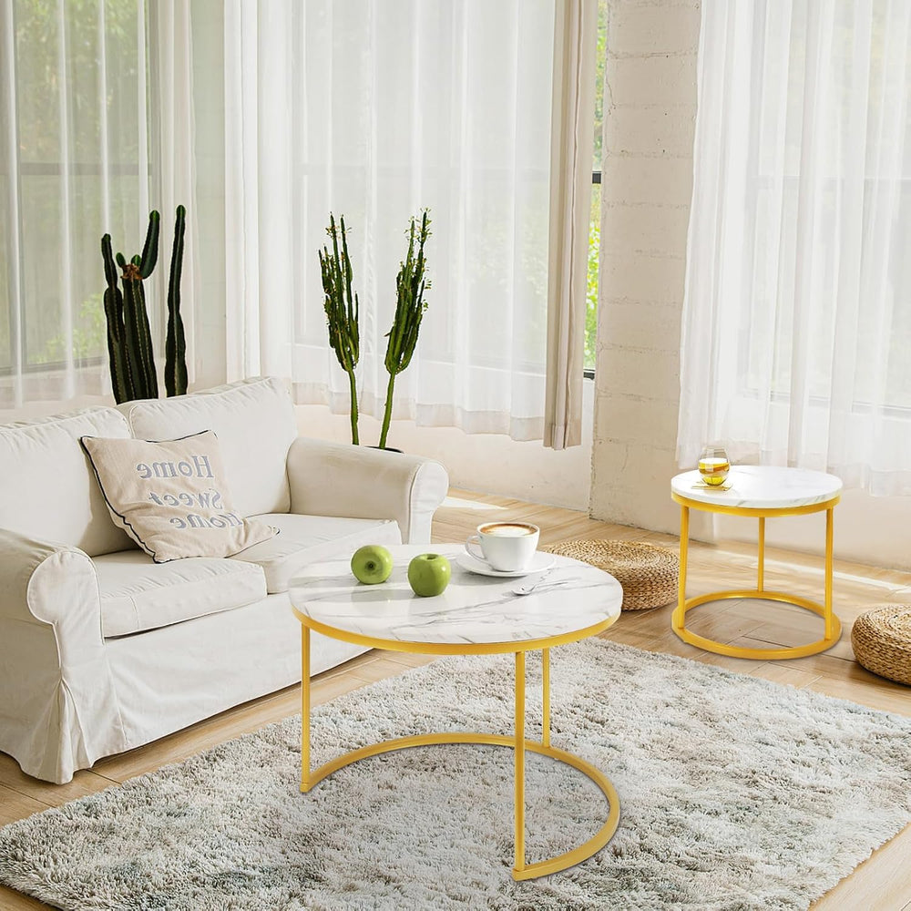 Round Nesting Coffee Tables Set: White Gold Marble Nesting Coffee Table Set o...