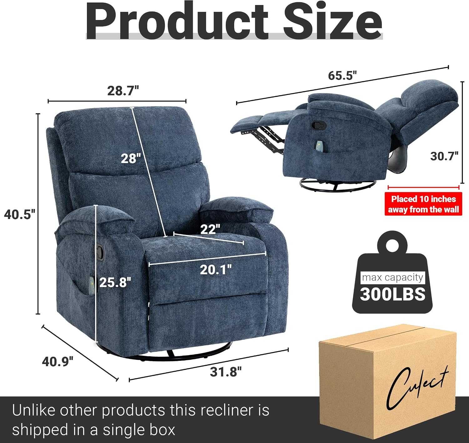 360° Swivel Rocking Recliner Chair, Massage Lazy Recliner, Small Spaces Recliner for Living Room, Bedroom and Nursery, Navy Blue Chenille