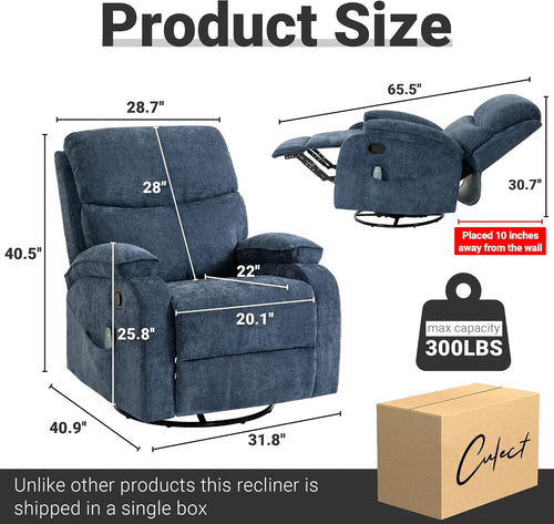 360° Swivel Rocking Recliner Chair, Massage Lazy Recliner, Small Spaces Recliner for Living Room, Bedroom and Nursery, Navy Blue Chenille